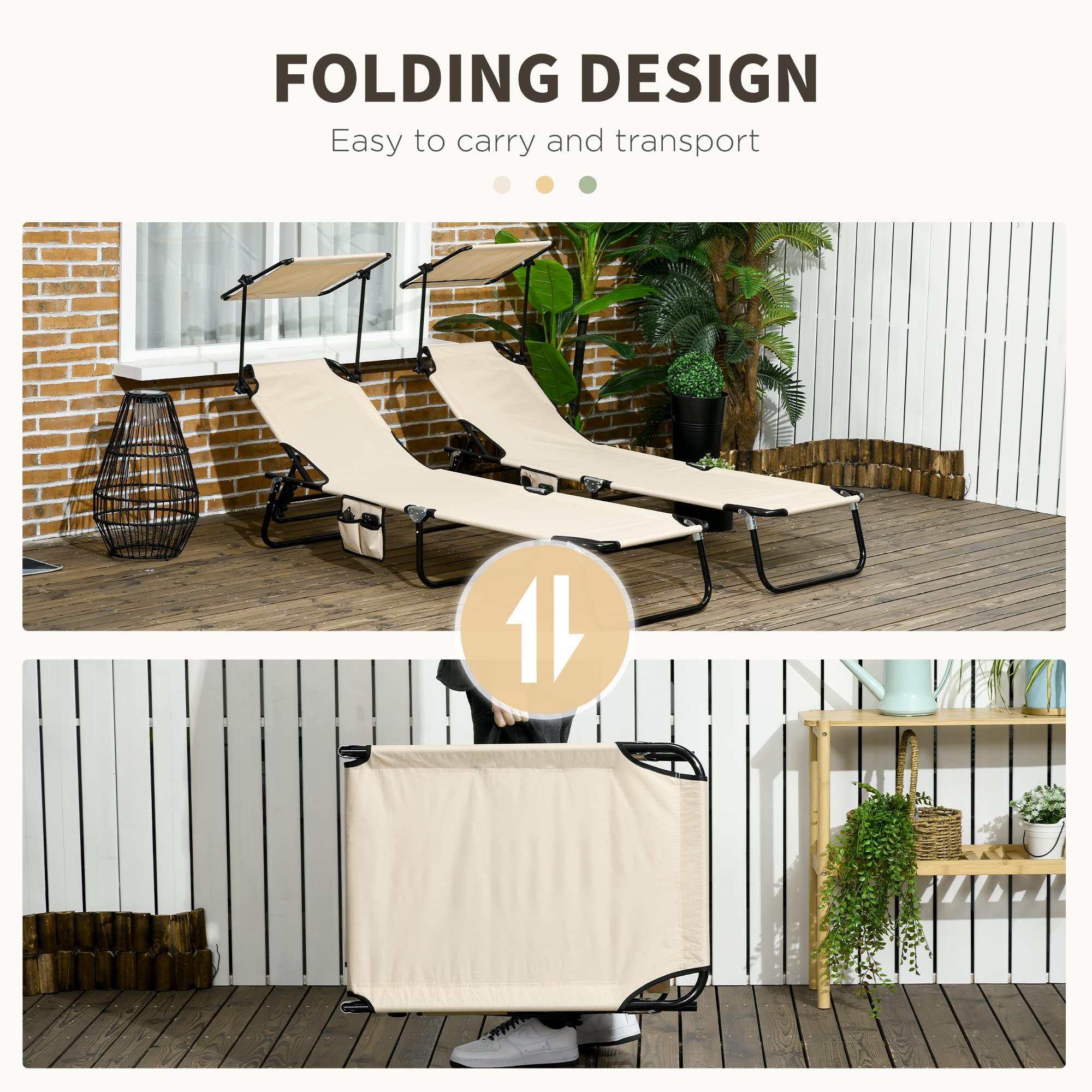 Outsunny Folding Chaise Lounge Pool Lounge Chairs Set of 2, Outdoor Sun Tanning Chairs with Canopy Shade, Reclining Back, Steel Frame and Side Pocket for Beach, Yard, Patio, Tan