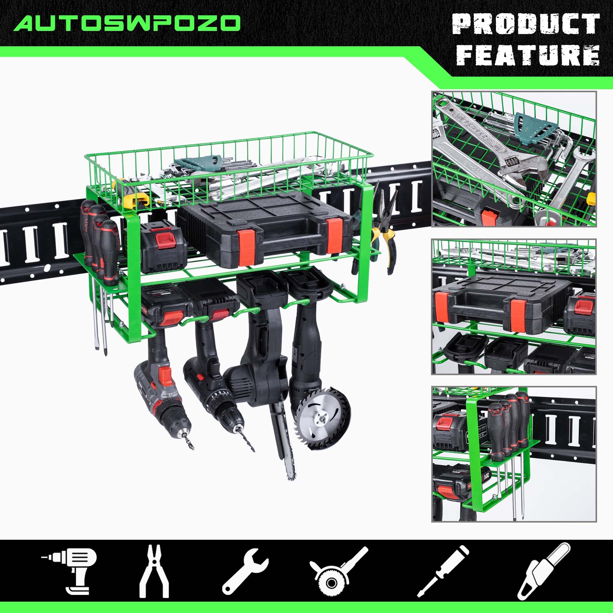 AUTOSwpozo E-Track Power Tool Organizer, Heavy Duty Metal Tool Shelf, Utility Storage Rack in Trailers, Garages and Trucks with E-Track (Green)