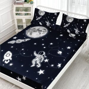 Datura home Astronaut Space Sheet Bedding Set 4Pcs Astronaut Space Rocket Printed Sheet Set with 1 Flat Sheet and 1 Fitted Sheet + 2 Pillowcases for Boys Bedroom(Space Astronaut Twin)