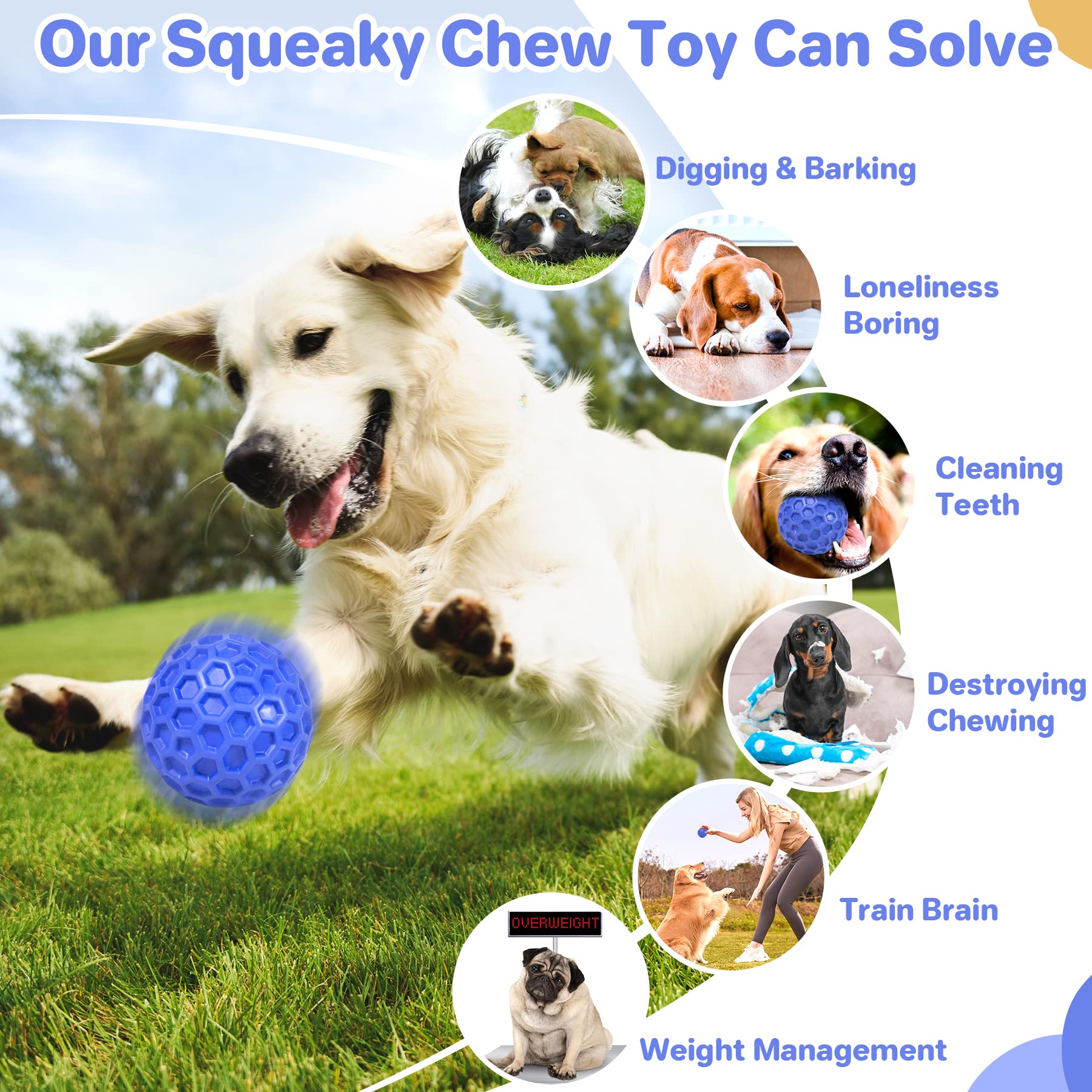 DISSKNIC Indestructible Squeaky Dog Ball, Relieves Anxiety, Cleans Teeth, Interactive Chew Toy for Aggressive Chewers, Dog Toy for Large Breeds, Outdoor Waterproof