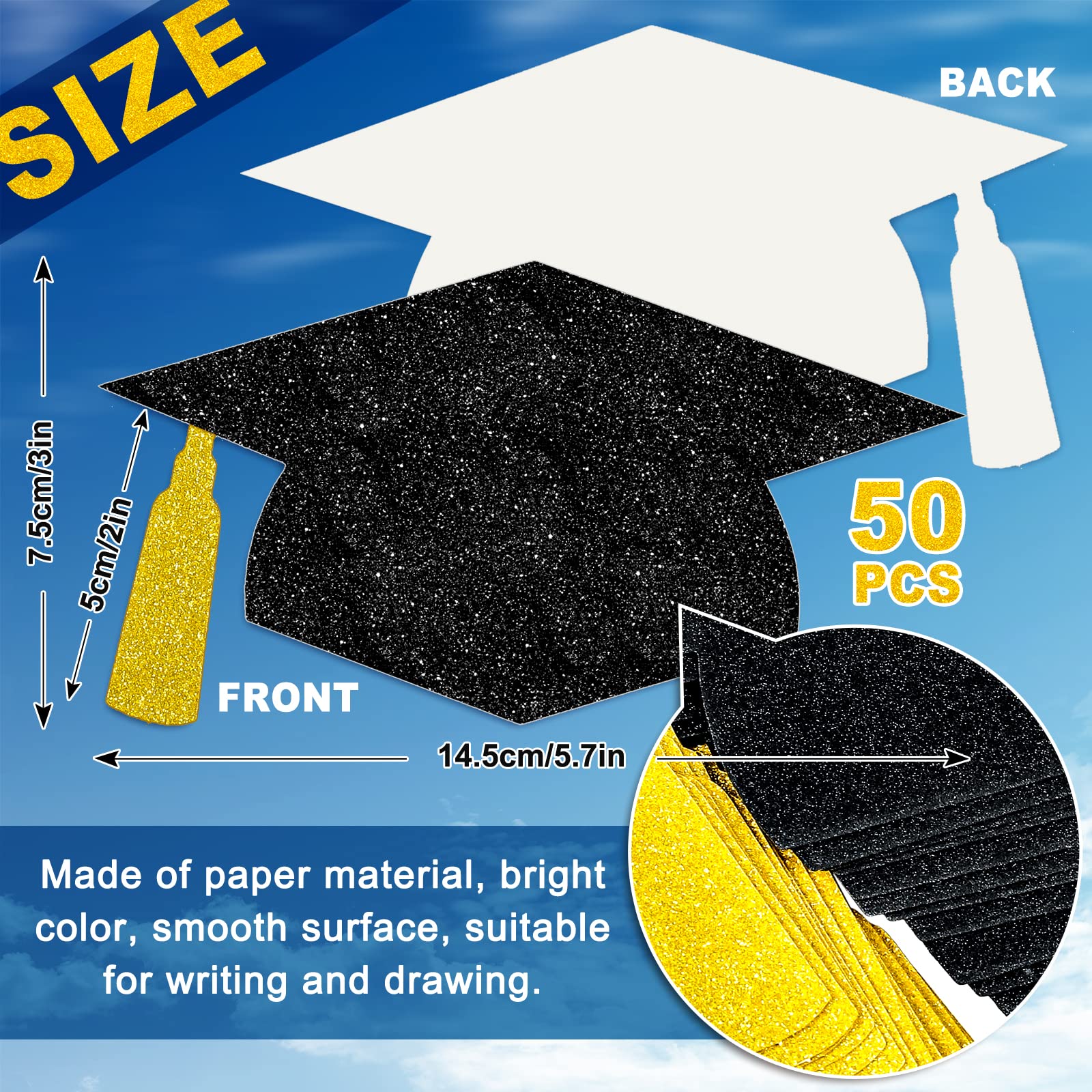 Whaline 50Pcs Grad Caps Cutouts Glitter Black Graduation Hat Cutouts 5.7 Inch Grad Cap Cut-Outs Confetti Table Decor with 100Pcs Glue Points for High School College Graduation Party Supplies