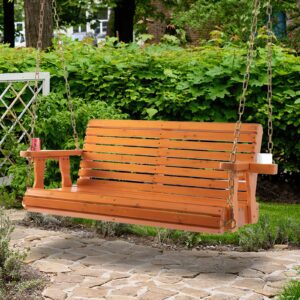 Porch Wooden Swings with Chain - Outdoor Finished Hanging Bench Swing Chair Furniture 2 Seater, Natural for Garden, Courtyard, Patio