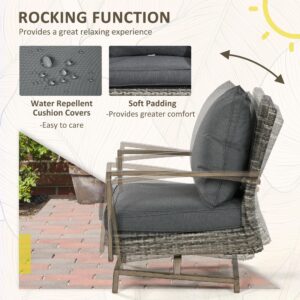 Outsunny 3-Piece Patio Wicker Bistro Set with Cushions, Aluminum Frame Outdoor PE Rattan Conversation Furniture with 2 Rocking Chairs, Slat Top Coffee Table for Porch, Backyard, Garden, Dark Gray