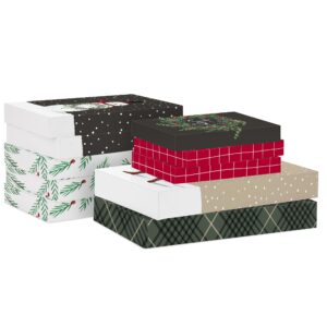 Hallmark Christmas Shirt Boxes for Presents (10 Clothes Boxes with Lids: 3 Small 11", 5 Medium 14", 2 Large 16") Red, Green and Black Plaid, Snowmen, Santa, Winter Greenery