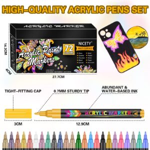 NICETY 72 Colors Acrylic Paint Pens Paint Markers, Extra Fine Tip Point Acrylic Paint Pens for Rock Painting, Canvas, Wood, Ceramic, Glass, Stone, Fabric, DIY Crafts & Art Supplies