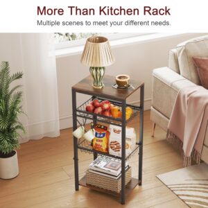 Gewudraw Kitchen Bakers Rack, Kitchen Storage Shelf with Pullout Wire Basket & 4 Side Hooks, Coffee Bar Station with Wine Rack - Rustic Brown, Perfect for Organizing Your Kitchen Essentials