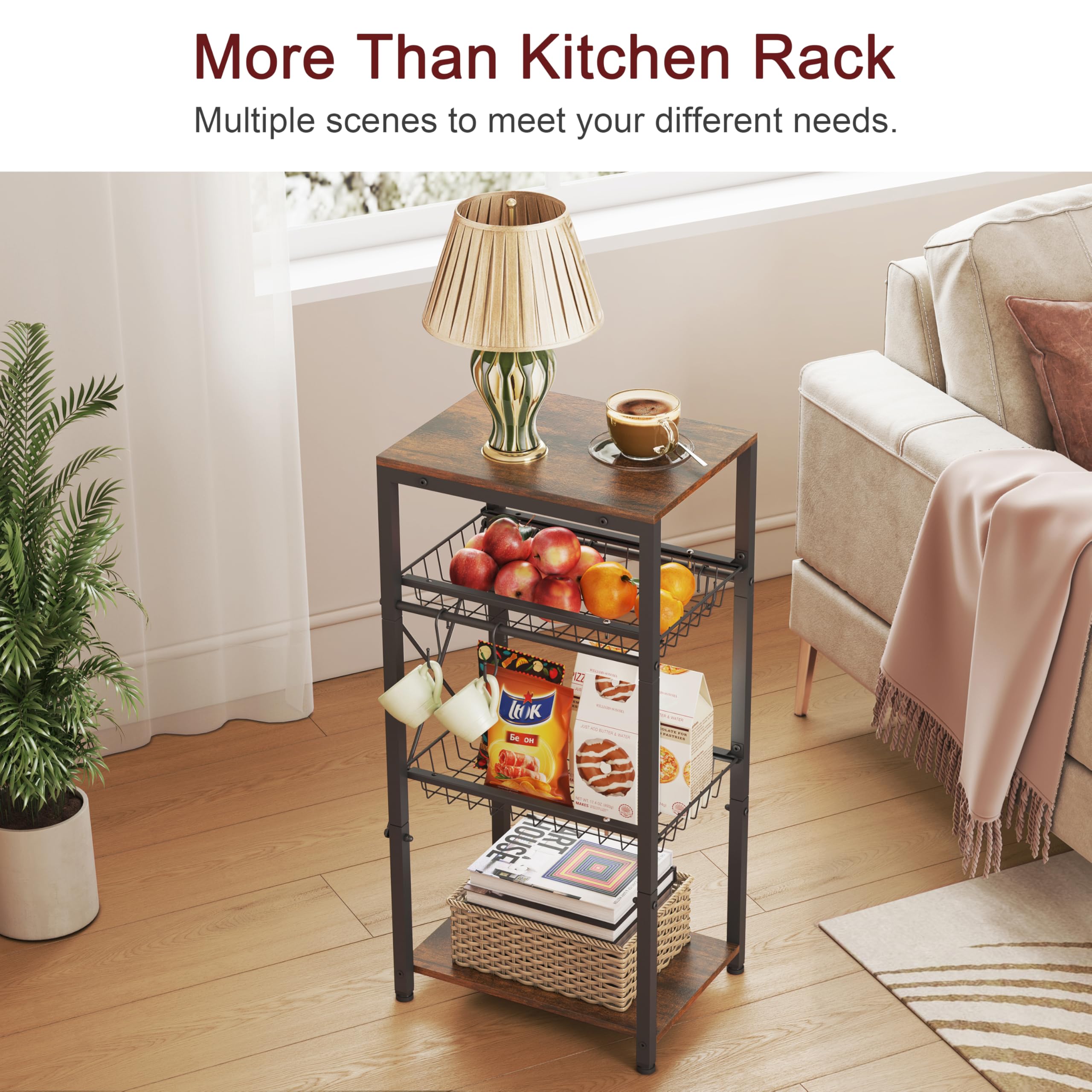 Gewudraw Kitchen Bakers Rack, Kitchen Storage Shelf with Pullout Wire Basket & 4 Side Hooks, Coffee Bar Station with Wine Rack - Rustic Brown, Perfect for Organizing Your Kitchen Essentials