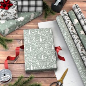 Hallmark Recyclable Neutral Christmas Wrapping Paper (4 Rolls: 100 Sq. Ft. Ttl) White and Sage Green Evergreen Pinecones, Rustic Snowmen, Plaid, Nordic Deer and Foliage