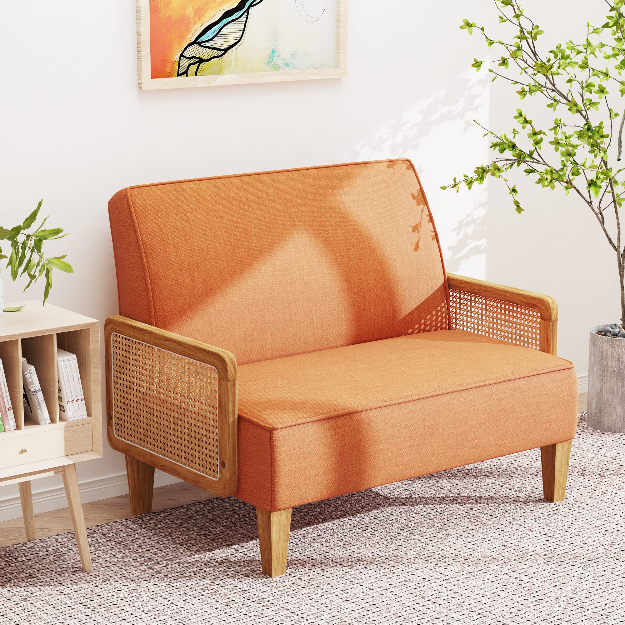 WENTMENT Loveseat Sofa Small Couch for Living Room Love Seat with Natural Rattan Armrest and Solid Wooden Legs Small Sofa for Small Space, Bedroom, Apartment（Orange）