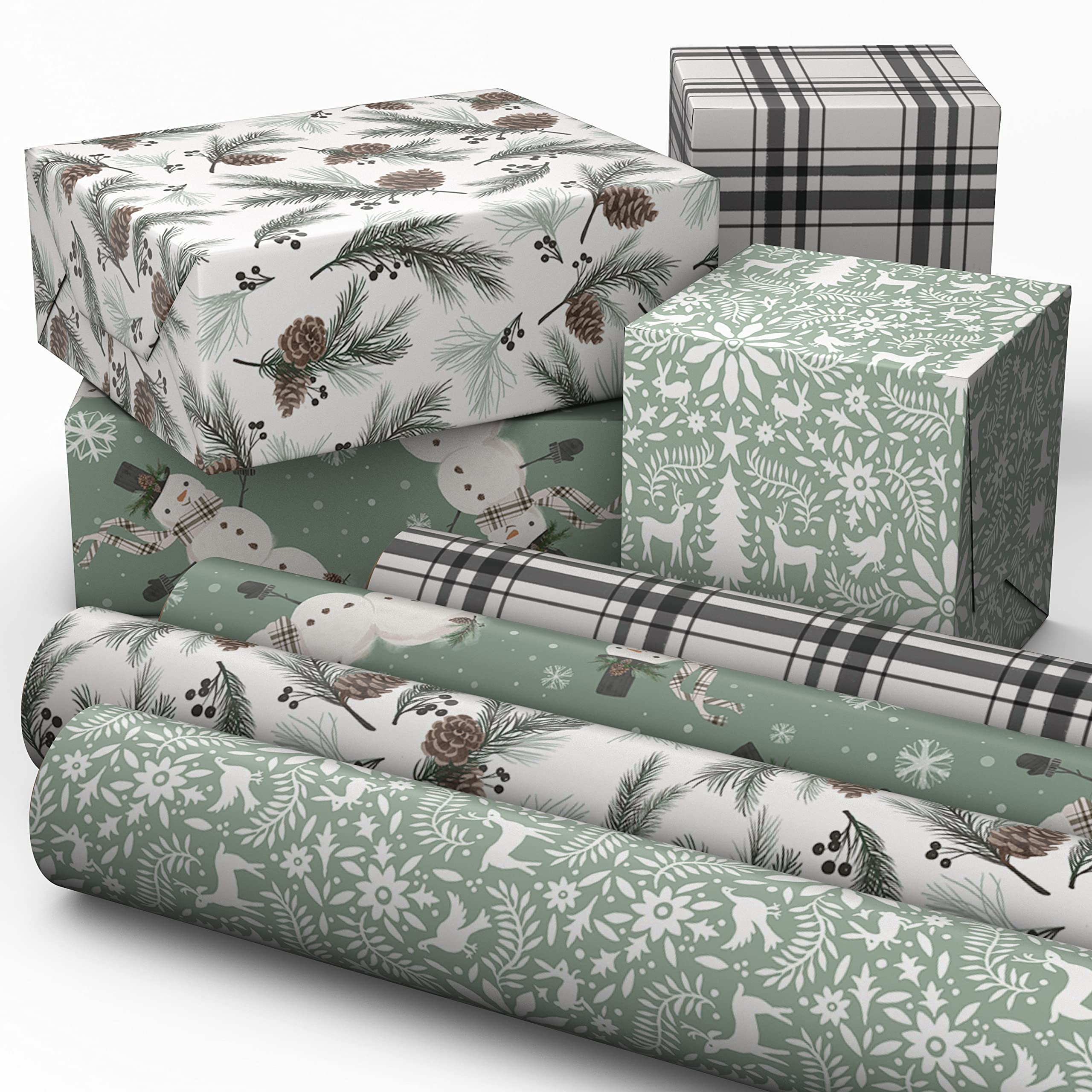 Hallmark Recyclable Neutral Christmas Wrapping Paper (4 Rolls: 100 Sq. Ft. Ttl) White and Sage Green Evergreen Pinecones, Rustic Snowmen, Plaid, Nordic Deer and Foliage