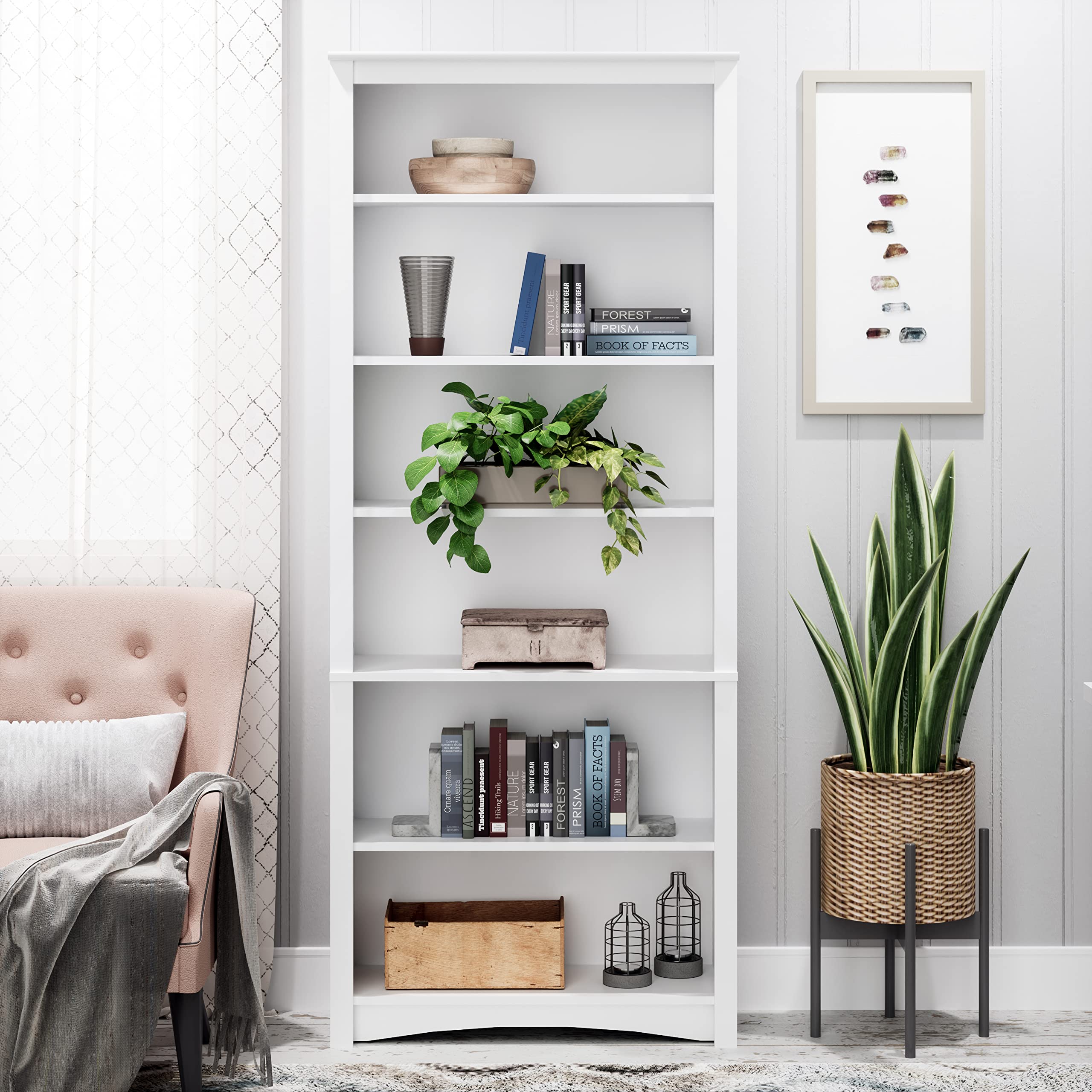 Prepac Sonoma Tall 6-Tier Bookcase 77"H with 3 Adjustable Shelves, White Storage Cabinet, Modern Display Cabinet, Bookshelf with Storage Shelves for Home Office, Living Room, Bedroom Organizer