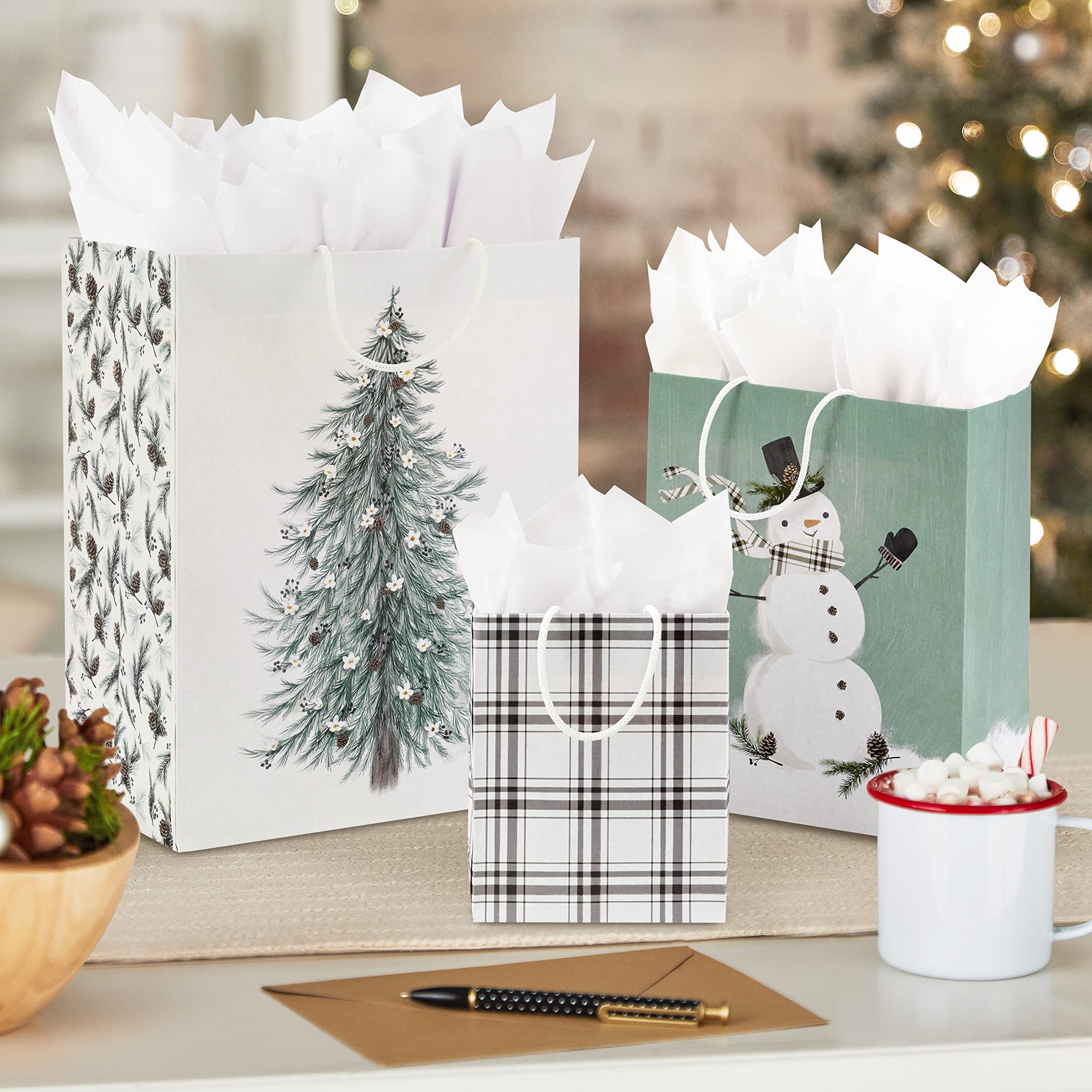 Hallmark Christmas Gift Bag Assortment (8 Bags: 3 Small 6", 3 Medium 9", 2 Large 13") White and Sage Green with Rustic Snowman, Plaid, Evergreen Tree for Christmas, Winter Weddings, Birthdays