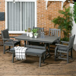 Outsunny 6 Pieces Patio Dining Set, 6 Seater Outdoor Table and Chairs, Conversation Furniture, Armrests, Loveseat Bench, Dinner Table with Umbrella Hole, Cushions, Dark Gray