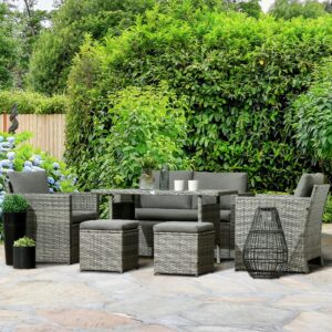 Outsunny 6 Piece Patio Dining Set, PE Rattan Furniture Set with 2 Chairs Cushions & Outdoor Loveseat Sofa, Woodgrain Slatted Dinner Table, Gray