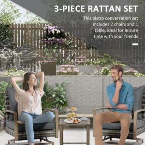 Outsunny 3-Piece Patio Wicker Bistro Set with Cushions, Aluminum Frame Outdoor PE Rattan Conversation Furniture with 2 Rocking Chairs, Slat Top Coffee Table for Porch, Backyard, Garden, Dark Gray