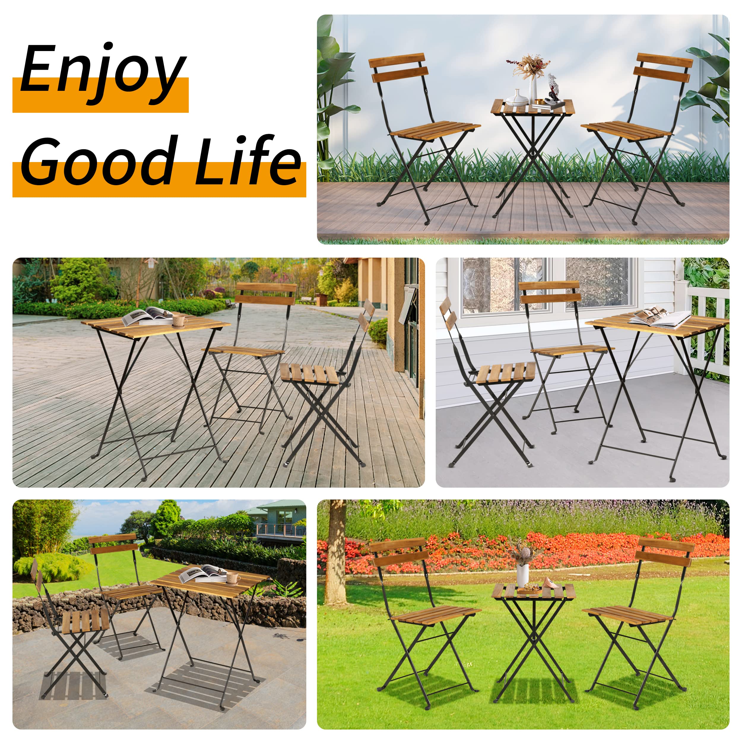 BLKMTY Folding Patio Bistro Set 3-Piece Outdoor Patio Furniture Sets Folding Table and Chairs Wood Bistro Set Balcony Cafe Table Square Patio Table Chair for Porch, Garden, Backyard, Nature