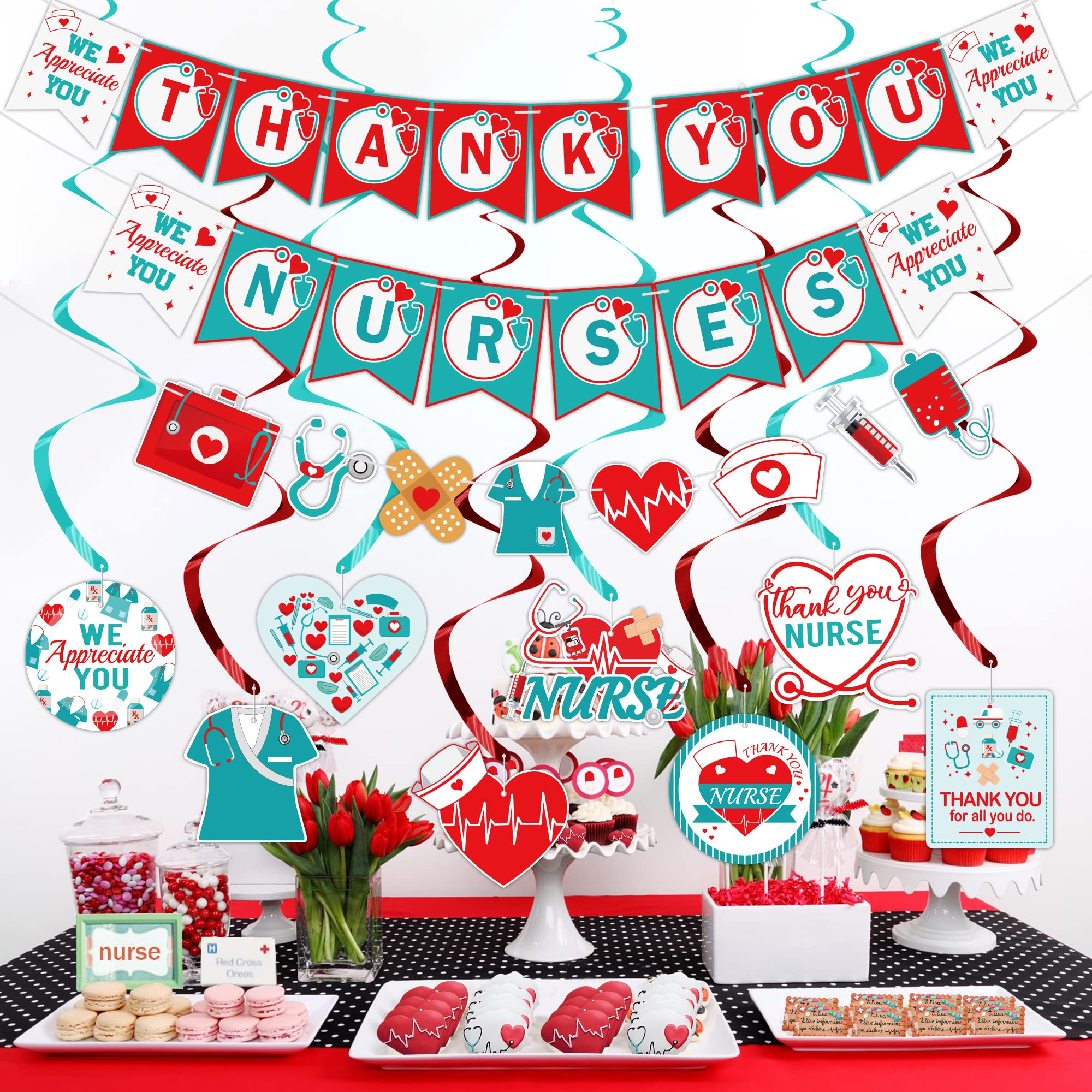 Nurse Appreciation Week Party Decorations Supplies - Pre Strung Nurse Day Decorations Set Include 8pcs Hanging Swirls & 3pcs Thank You Nurses Banners Garland for Nurse Appreciation Week Parties