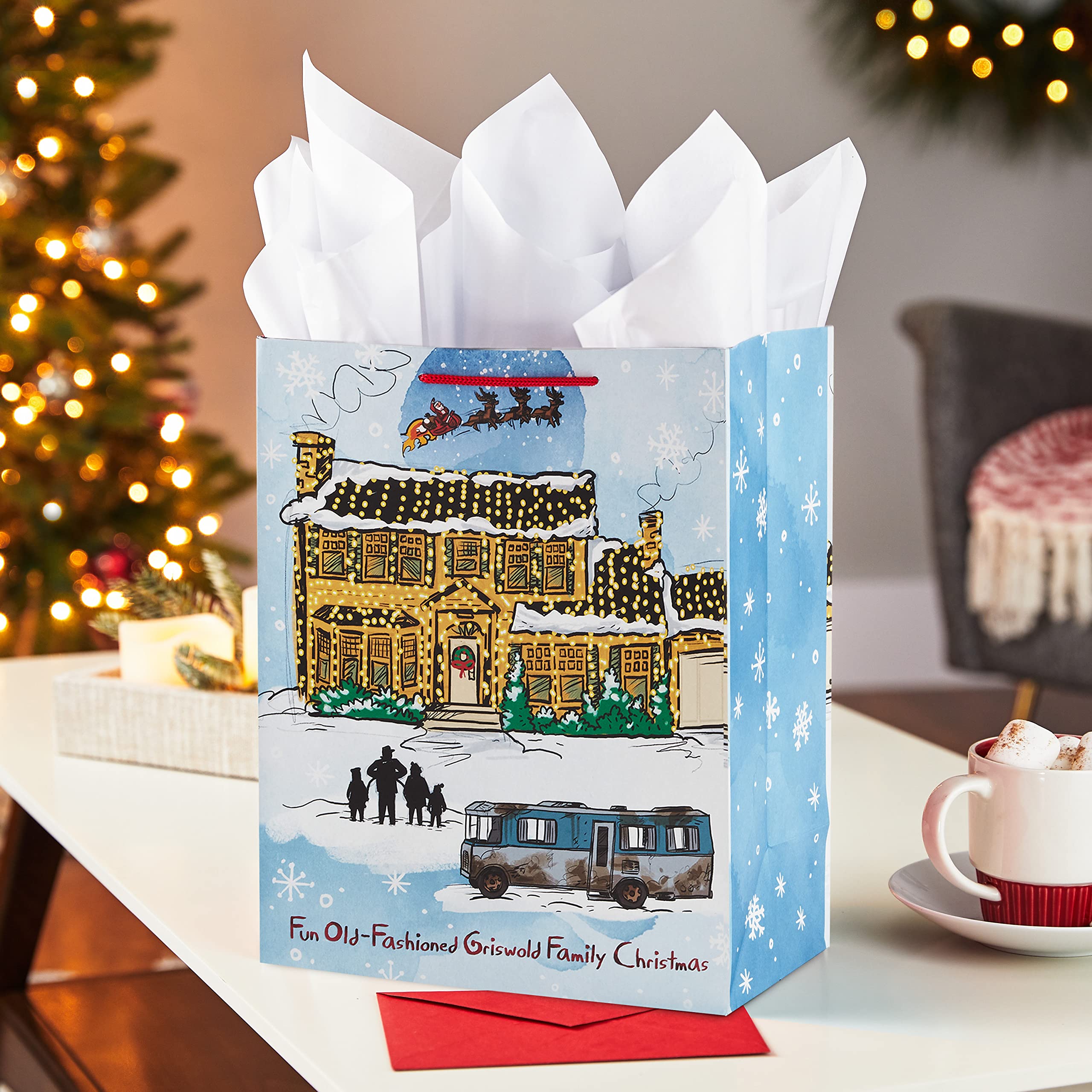 Hallmark 13" Large National Lampoon's Christmas Vacation Gift Bag with Tissue Paper ("Fun Old-Fashioned Griswold Family Christmas") for Kids, Dads, Grandparents, Friends