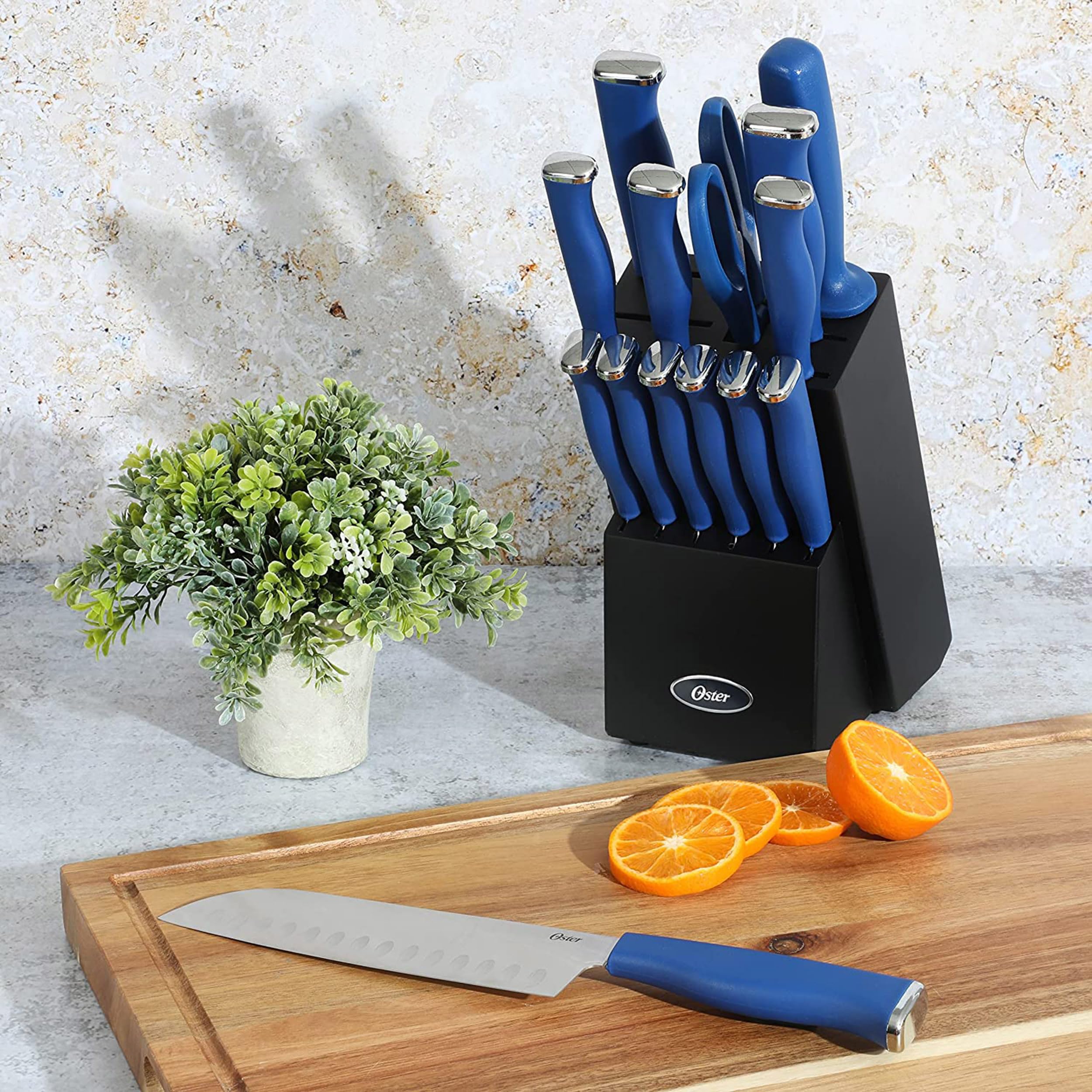 Oster Langmore 15 Piece Stainless Steel Cutlery Knife Block Set W/Black Box – Classic Blue Handles