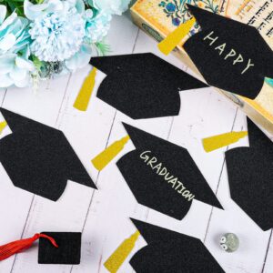 Whaline 50Pcs Grad Caps Cutouts Glitter Black Graduation Hat Cutouts 5.7 Inch Grad Cap Cut-Outs Confetti Table Decor with 100Pcs Glue Points for High School College Graduation Party Supplies