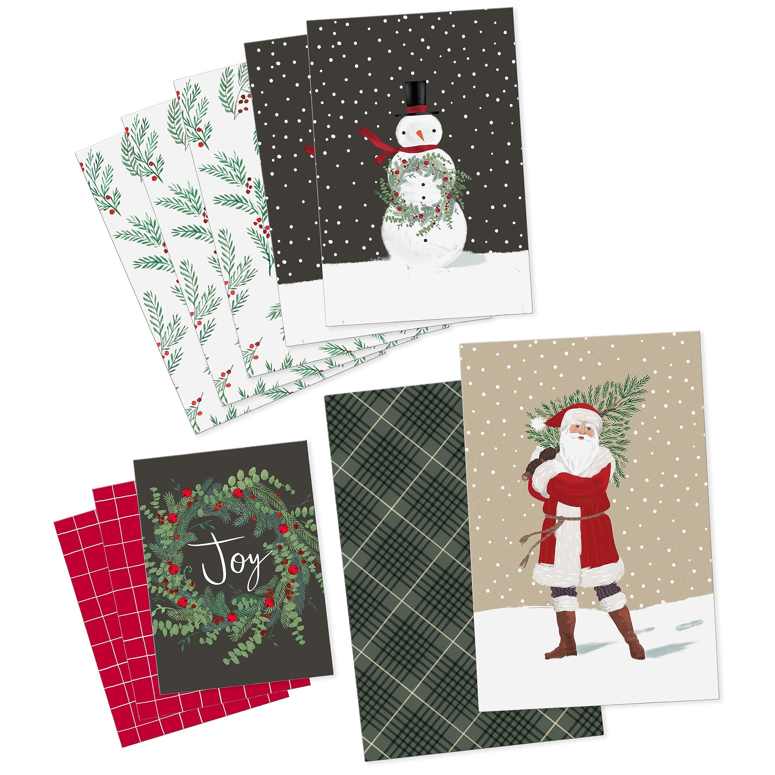 Hallmark Christmas Shirt Boxes for Presents (10 Clothes Boxes with Lids: 3 Small 11", 5 Medium 14", 2 Large 16") Red, Green and Black Plaid, Snowmen, Santa, Winter Greenery