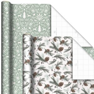 Hallmark Recyclable Neutral Christmas Wrapping Paper (4 Rolls: 100 Sq. Ft. Ttl) White and Sage Green Evergreen Pinecones, Rustic Snowmen, Plaid, Nordic Deer and Foliage