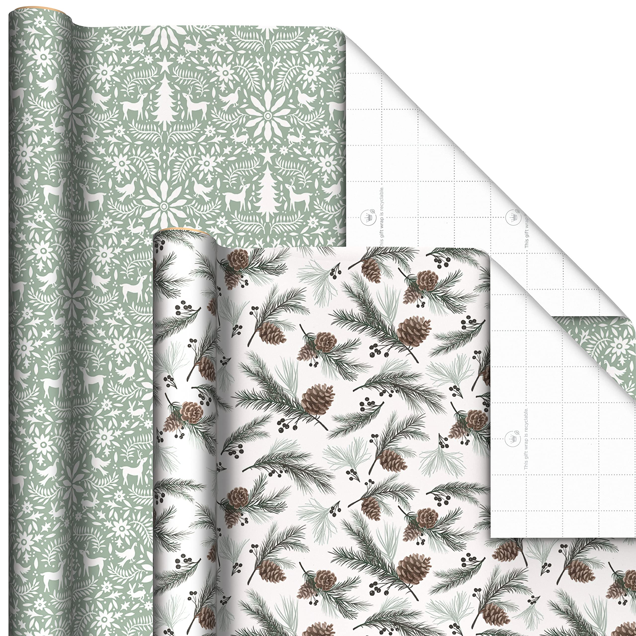 Hallmark Recyclable Neutral Christmas Wrapping Paper (4 Rolls: 100 Sq. Ft. Ttl) White and Sage Green Evergreen Pinecones, Rustic Snowmen, Plaid, Nordic Deer and Foliage