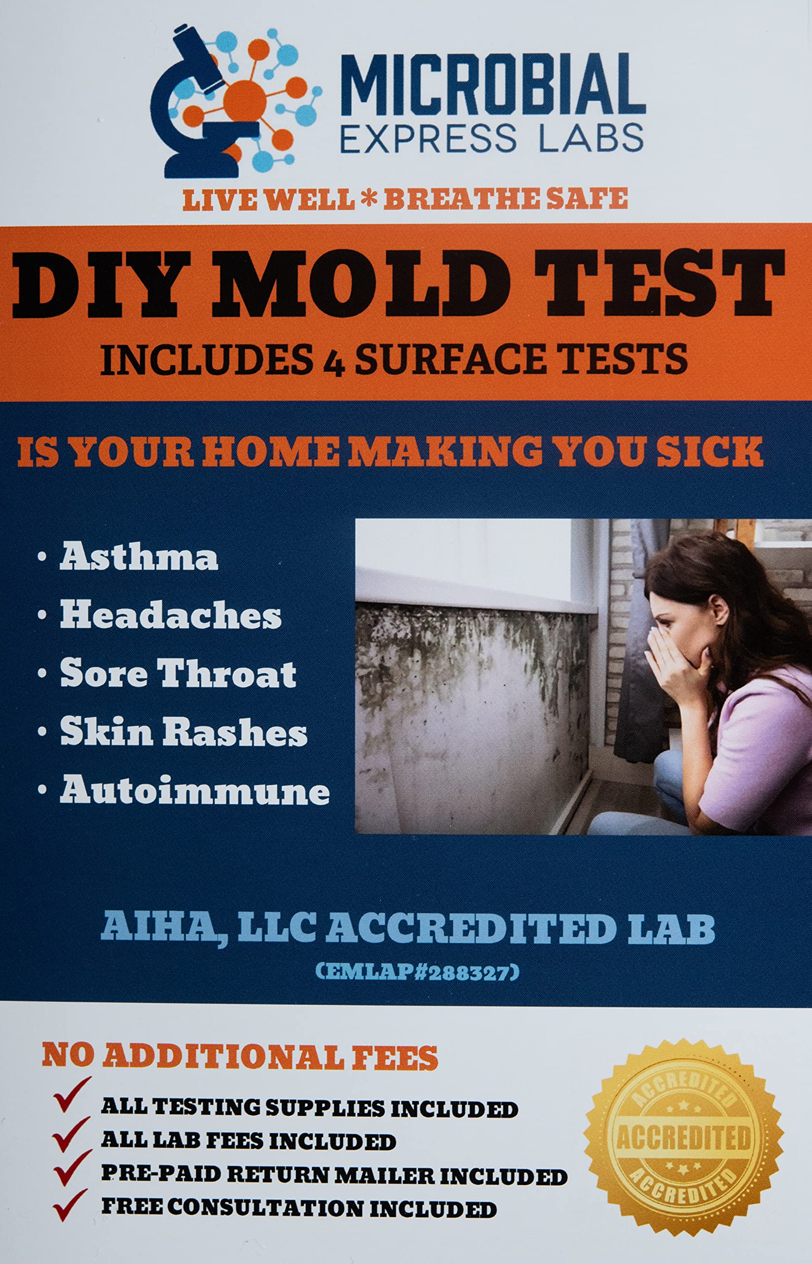 Microbial Express Labs DIY Mold Test Kit (4 Tests). Shipping/Lab Fees Included. AIHA Accredited and Texas Licensed.