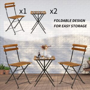 BLKMTY Folding Patio Bistro Set 3-Piece Outdoor Patio Furniture Sets Folding Table and Chairs Wood Bistro Set Balcony Cafe Table Square Patio Table Chair for Porch, Garden, Backyard, Nature