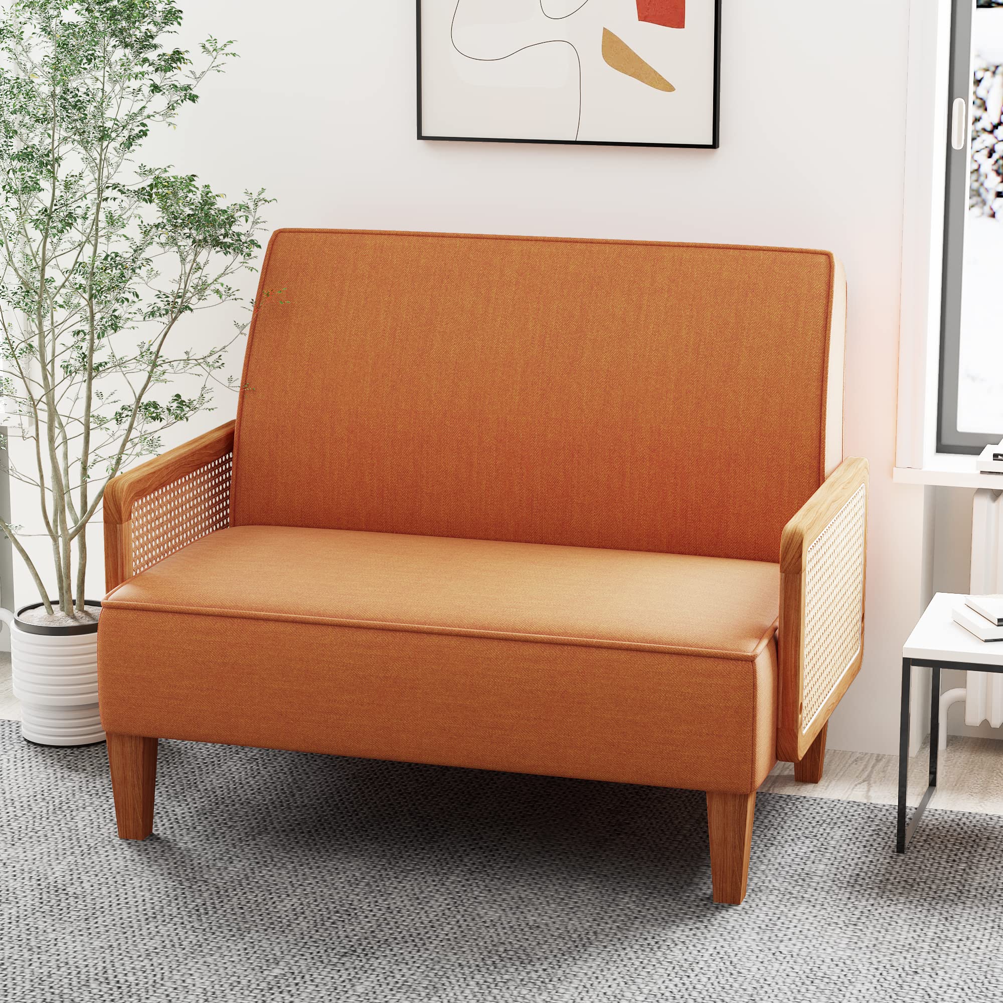 WENTMENT Loveseat Sofa Small Couch for Living Room Love Seat with Natural Rattan Armrest and Solid Wooden Legs Small Sofa for Small Space, Bedroom, Apartment（Orange）