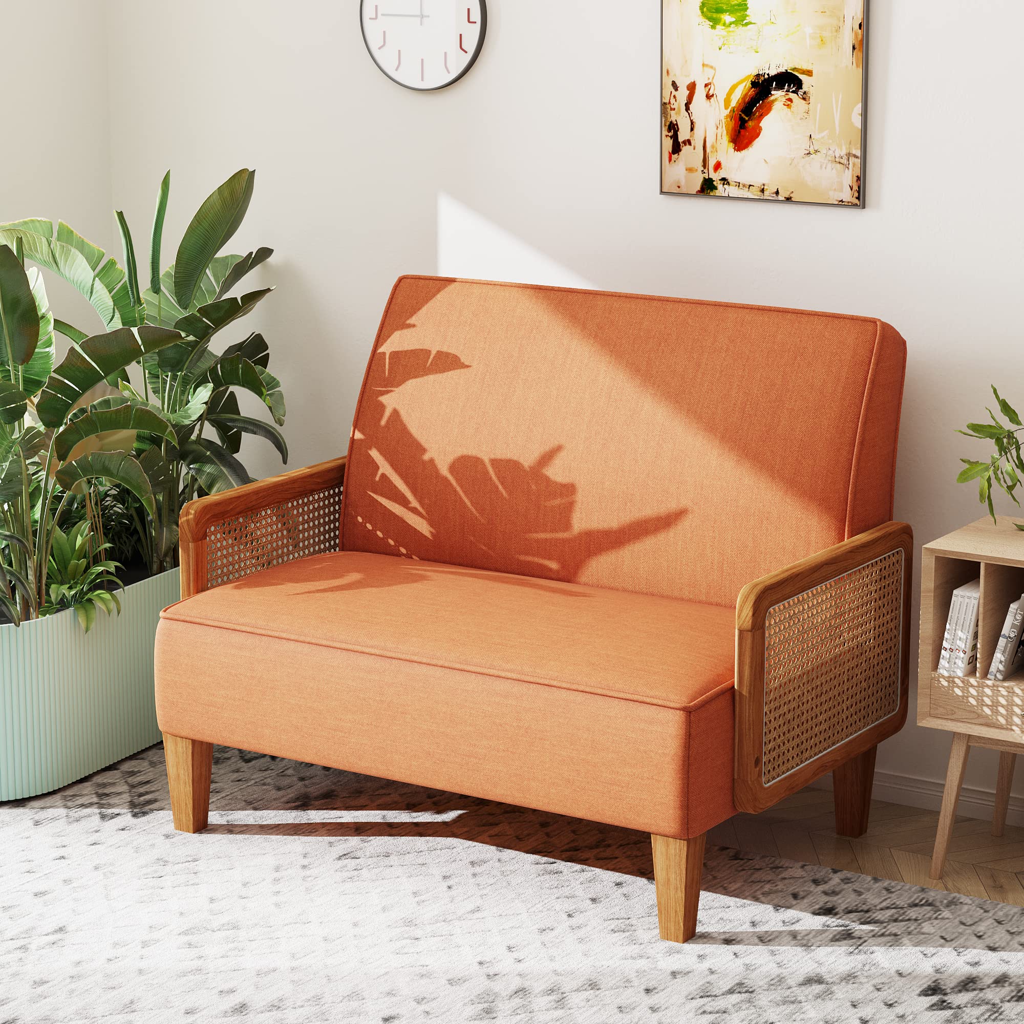 WENTMENT Loveseat Sofa Small Couch for Living Room Love Seat with Natural Rattan Armrest and Solid Wooden Legs Small Sofa for Small Space, Bedroom, Apartment（Orange）