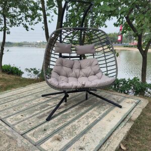 IRONKOM 2 Person Wicker Double Swing Chair with Cushion Grey