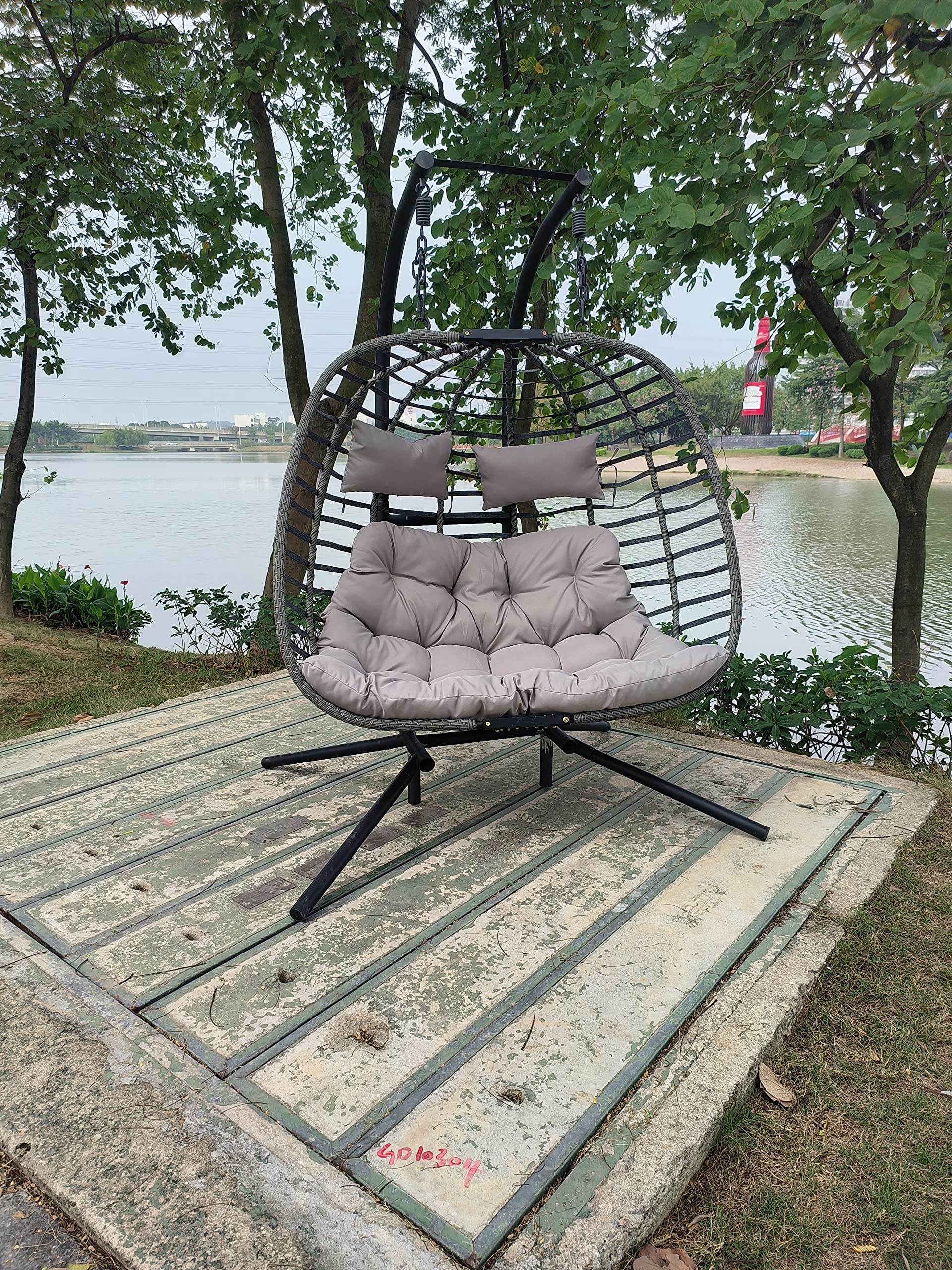 IRONKOM 2 Person Wicker Double Swing Chair with Cushion Grey