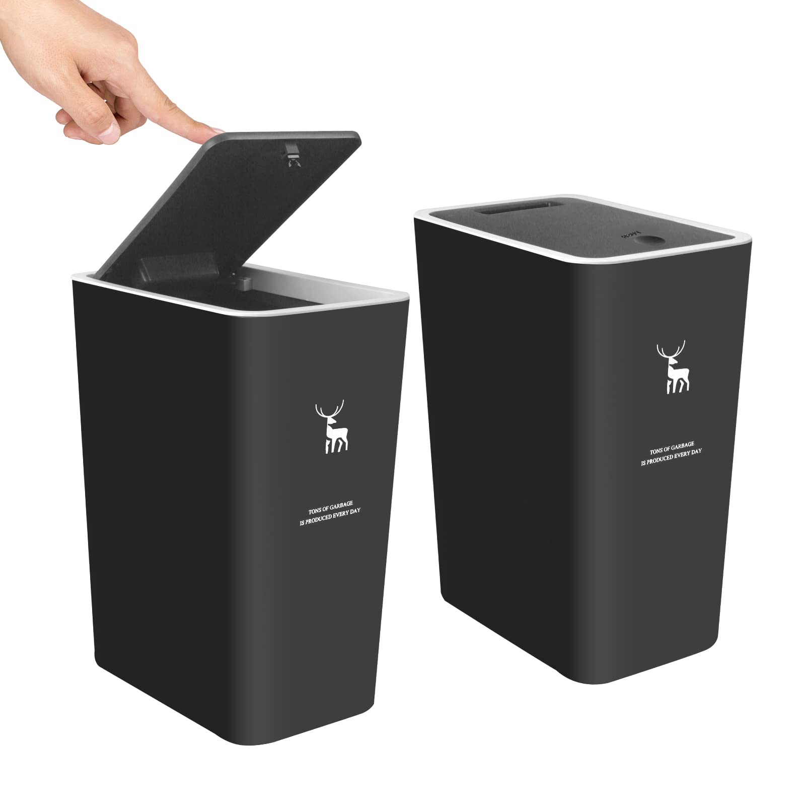 XPIY Trash Can with Lid, 2 Pack 4 Gallons/15 Liters Garbage Can with Press Top, Small Trash Can Dog Proof, Plastic Trash Bin, Waste Basket for Bathroom|Kitchen|Bedroom|Office (2, Black)