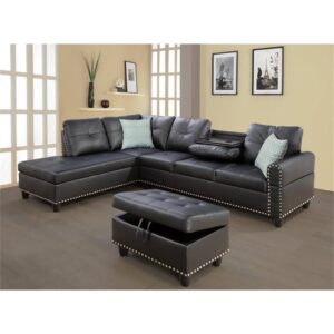 Pemberly Row Faux Leather Sectional Sofa Couch with Storage Ottoman, Cup Holder in Black