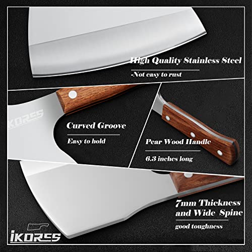 IKORES Meat Cleaver Knife Heavy Duty, 6'' Bone knife for Meat Cutting, Axe Bone Chopper Knife Bone Breaker Knife,Butcher Knife 7mm Thickness Pear Wood Handle for Kitchen and Restaurant