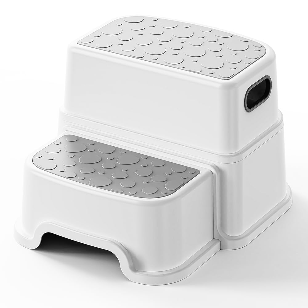 UNCLE WU 2 Step Stool for Kids -Toddler Step Stool Hepler for Bathroom Sink-Dual Height 9.5" Non-Slip for Potty Training, Kitchen, Bedroom & Classroom (Gray White)