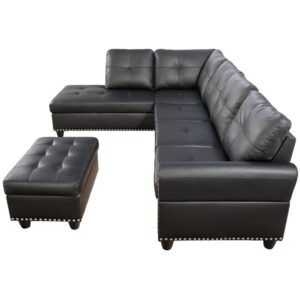 pemberly row faux leather sectional sofa couch with storage ottoman, cup holder in black