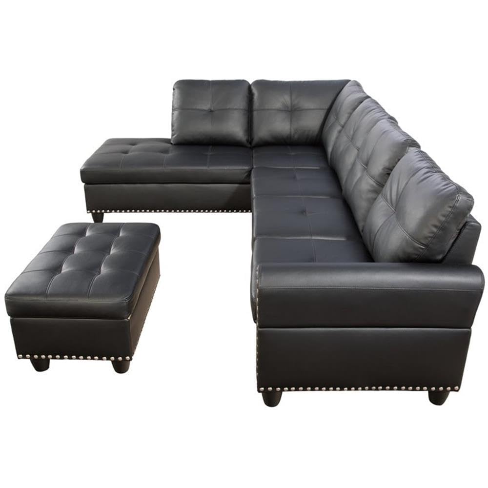 Pemberly Row Faux Leather Sectional Sofa Couch with Storage Ottoman, Cup Holder in Black