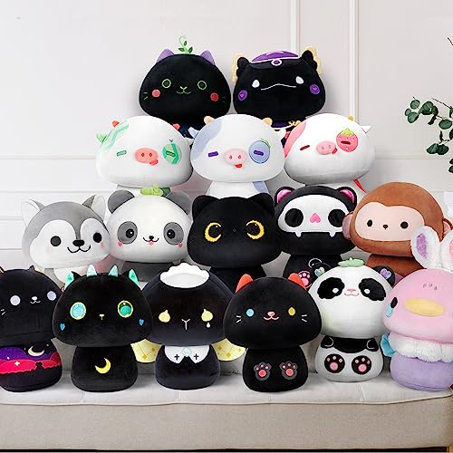 Mewaii 8 Inch Mushroom Plush, Cute Black Bunny Plush Pillow Soft Plushies Squishy Throw Pillow, Rabbit Stuffed Animals Kawaii Plush Toys Decoration Gift for Girls Boys