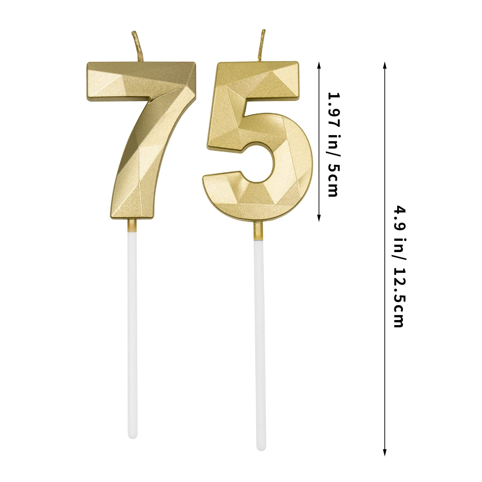 75th & 57th Birthday Candles for Cake, Gold Number 75 57 3D Diamond Shaped Candle Birthday Decorations Party Supplies for Women or Men