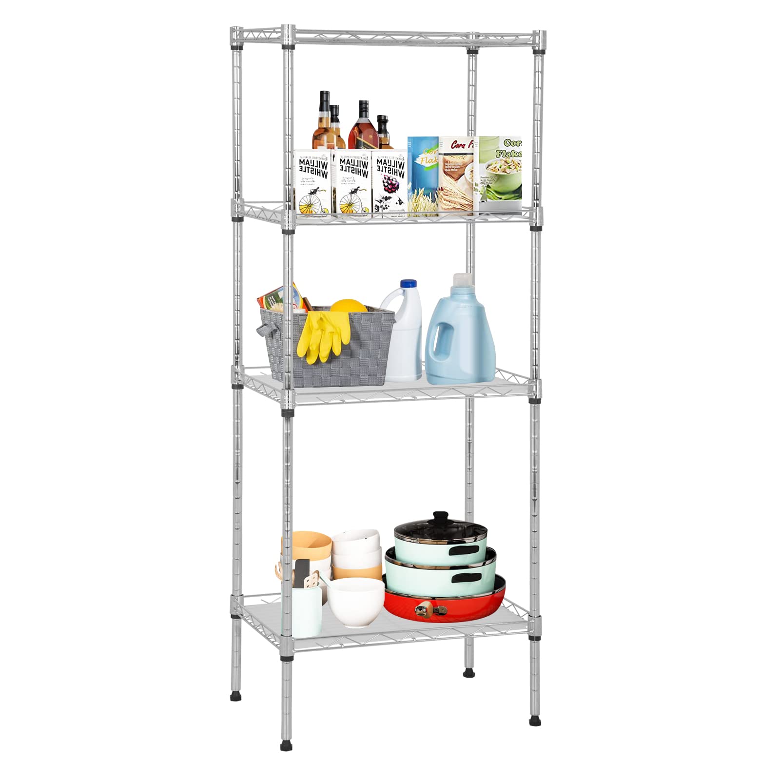 YYkokocat 4-Tier Shelving Unit 44" H x 18L x 12D Storage Shelves with Wire Shelf Liners Adjustable Small Closet Shelves Metal Shelf Rack for Storage Kitchen Pantry Laundry, 600Lb Capacity, Chrome