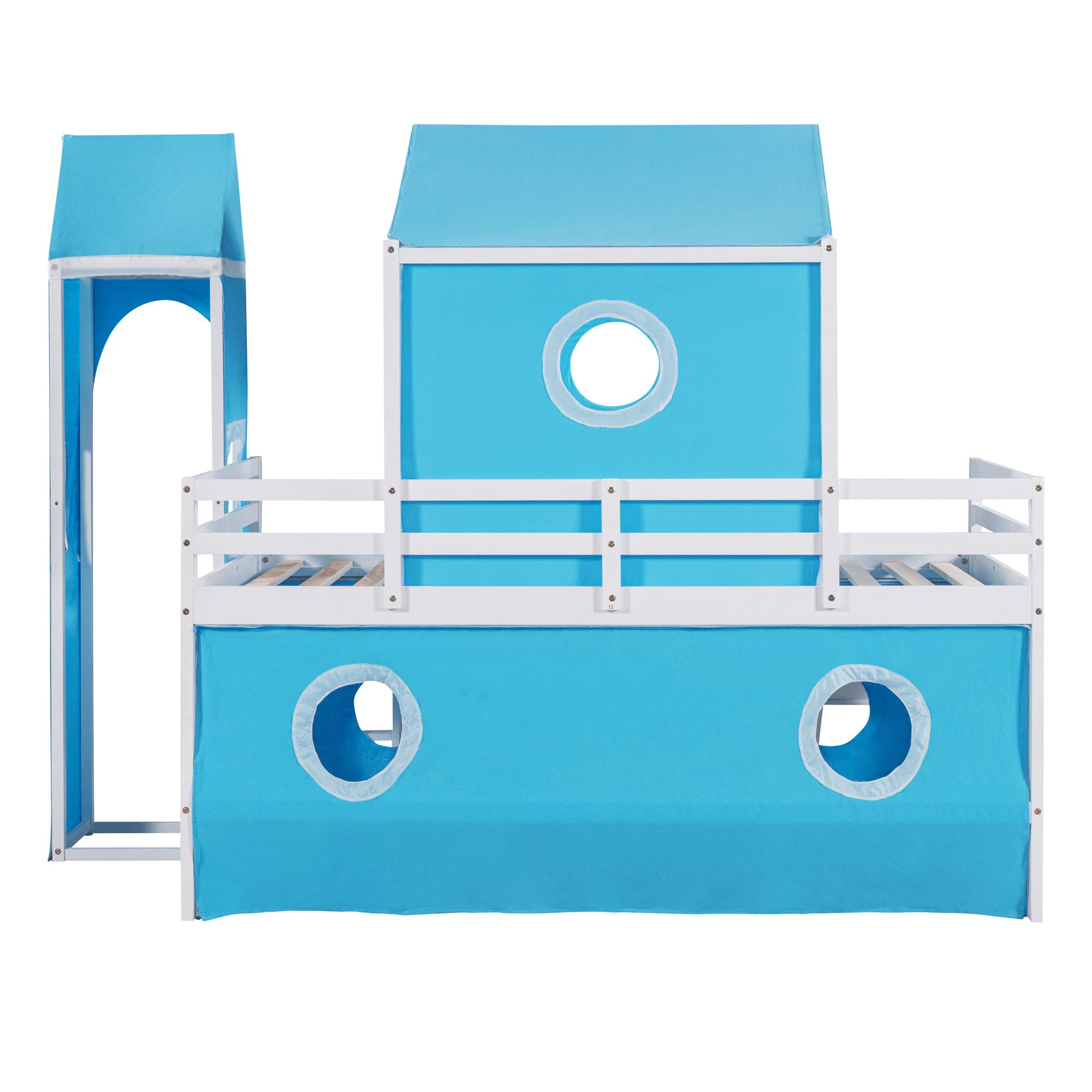 Bellemave Low Loft Bed with Slide and Curtains Twin Over Twin Floor Bunk Bed with House Shape Tent and Tower, Wood Castle Style Loft Beds for Kids Boys Girls, Blue