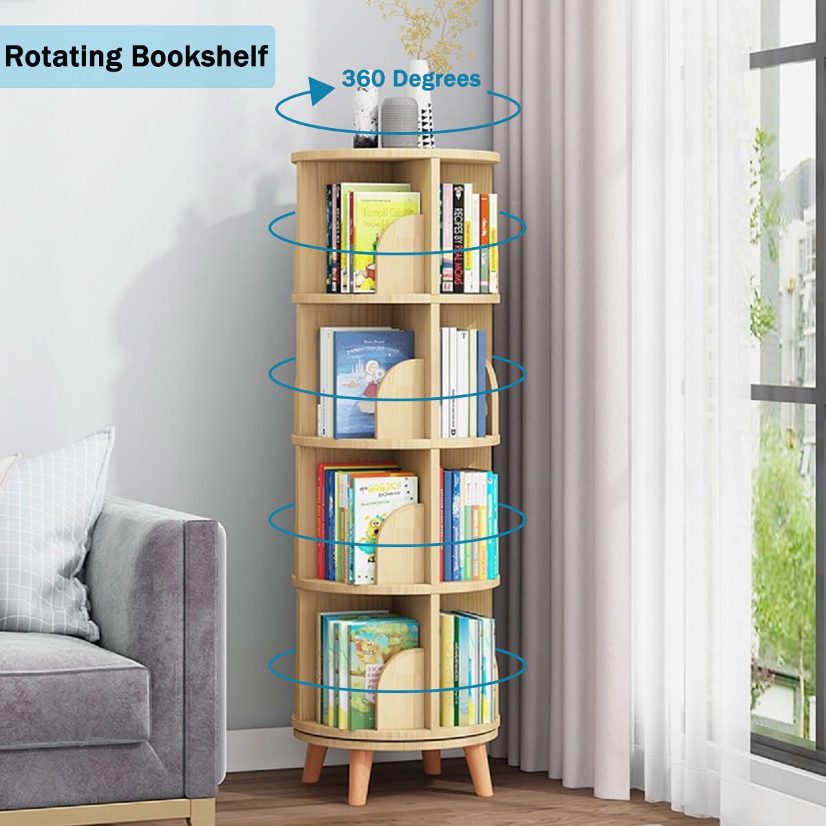 Gdrasuya10 4 Tier Rotating Bookshelf with Legs, Floor Standing Bookshelf Stackable Bookshelf Wood Bookcase Round Bookshelf 360 Display Book Shelf for Living Room Bedroom