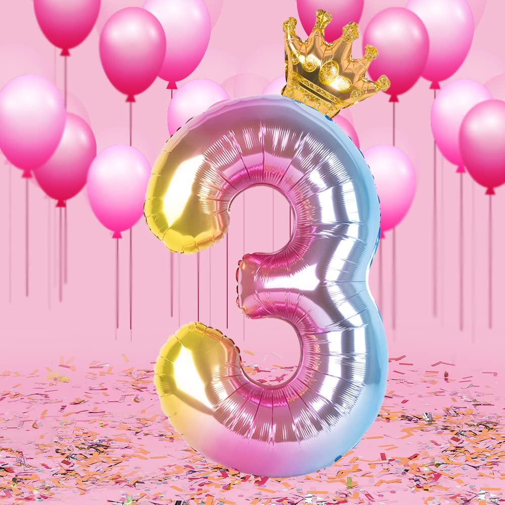 Captain Decor 3 Number Balloon 40 Inch Rainbow Gradient with Detachable Crown – Easy Inflate and deflate reusable, Premium Foil Mylar Balloons for Birthdays, Anniversaries, and Party Decorations