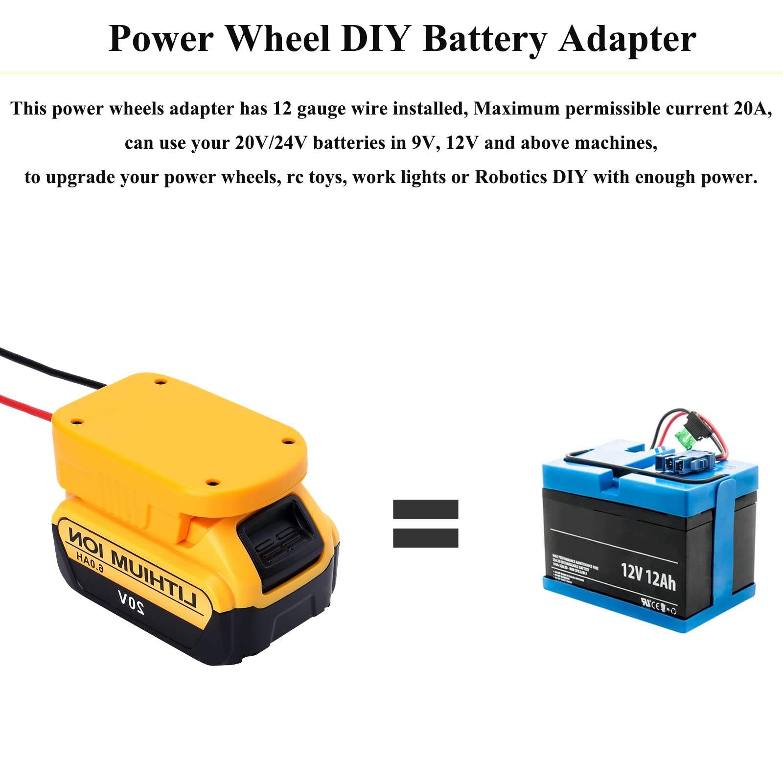 2 Packs Power Wheel Adapter for Dewalt 20V MAX Battery DCB205 DCB206 DCB204 DCB203 Adapter Converter Kit with Fuses & Wire Terminals Connector for DIY Ride On Truck, Robotics, RC Toys and Work Lights