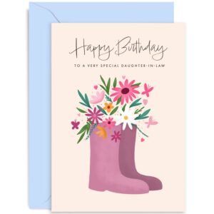 old english co. cute happy birthday card for daughter-in-law - floral welly birthday card from mother-in-law father-in-law - butterfly flower heart card for daughter | blank inside with envelope