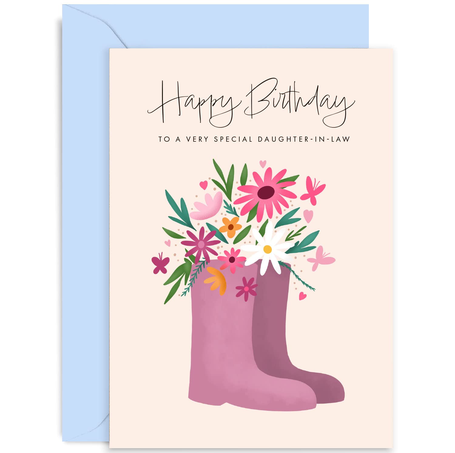 Old English Co. Cute Happy Birthday Card for Daughter-in-law - Floral Welly Birthday Card from Mother-in-law Father-in-law - Butterfly Flower Heart Card for Daughter | Blank Inside with Envelope