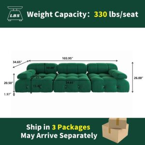 TIFLON Modular Sectional Sofa,Minimalist Velvet Sofas Couches, Modern Convertible Couch 3 Seats Living Room Sofa Sets for Office Apartment,104"(Green)