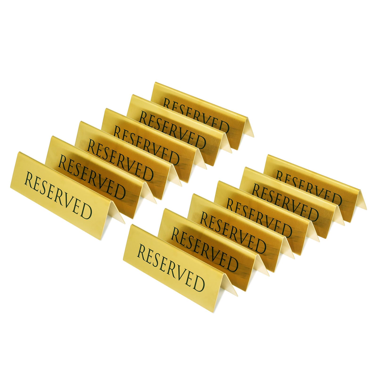 Golden Metal Table Top Reserved Sign for Restaurants, Wedding, Ceremony and Events, Double Sided Tent, 6x1.75 inches (Pack of 12)